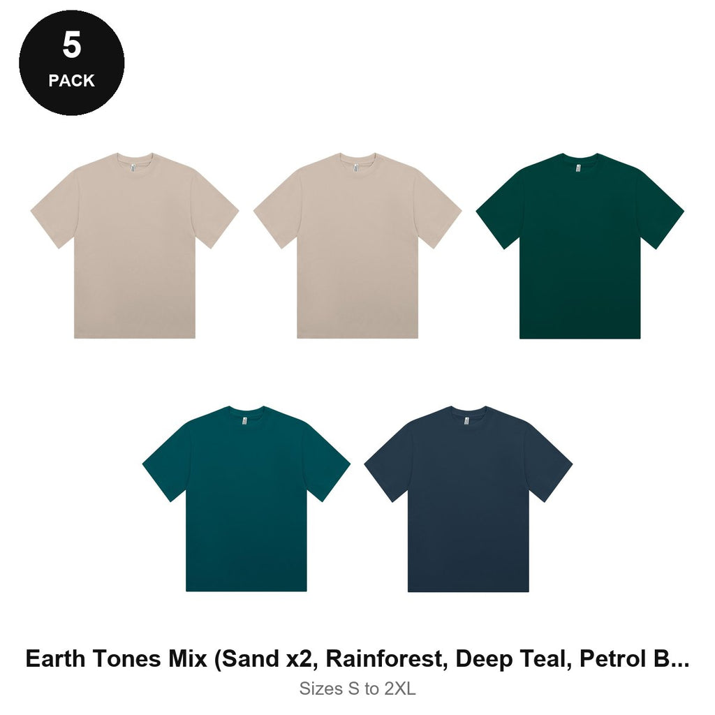 Organic Combed 180gsm T-Shirts 5 Pack - 100% organic cotton 180gsm, Sizes S-2XL - Earth Tones Mix (Sand x2, Rainforest, Deep Teal, Petrol Blue)