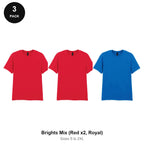 Gildan Softstyle T-Shirts 3 Pack - 100% ringspun cotton 150gsm, Sizes S-2XL - Brights Mix (Red x2, Royal)