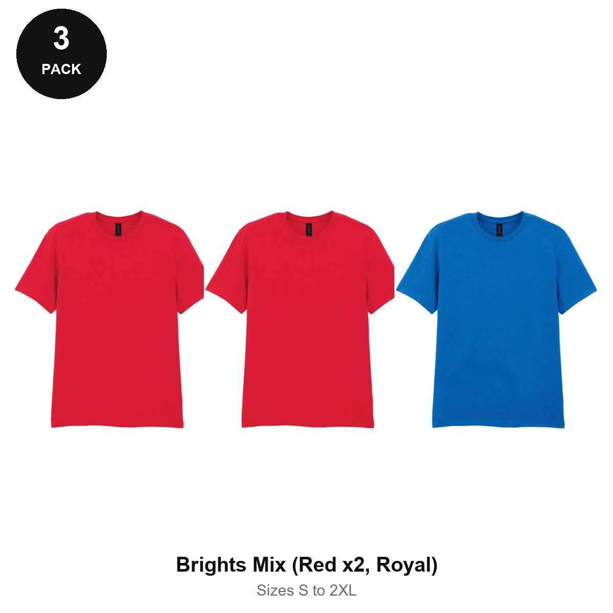 Gildan Softstyle T-Shirts 3 Pack - 100% ringspun cotton 150gsm, Sizes S-2XL - Brights Mix (Red x2, Royal)
