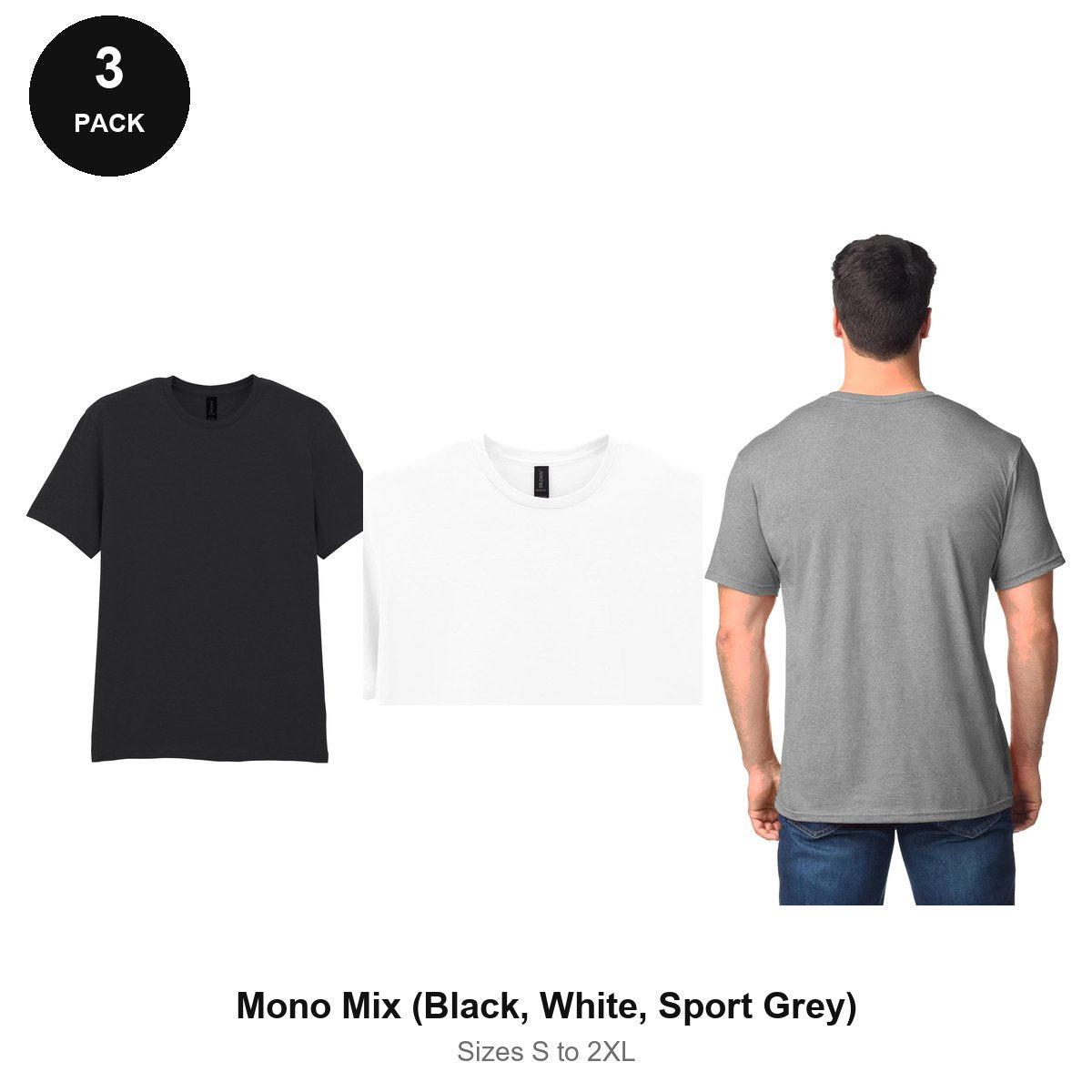 Gildan Softstyle T-Shirts 3 Pack - 100% ringspun cotton 150gsm, Sizes S-2XL - Mono Mix (Black, White, Sport Grey)