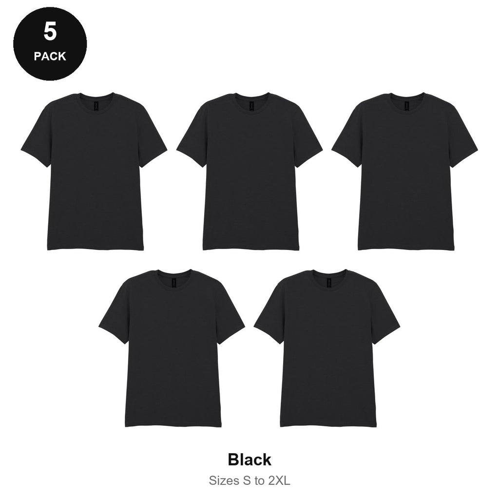 Gildan Softstyle T-Shirts 5 Pack - 100% ringspun cotton 150gsm, Sizes S-2XL - Black