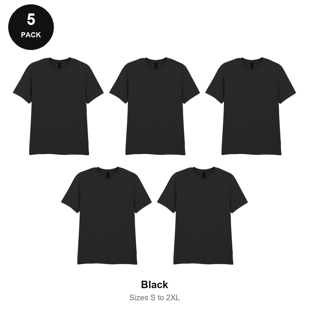 Gildan Softstyle T-Shirts 5 Pack - 100% ringspun cotton 150gsm, Sizes S-2XL - Black