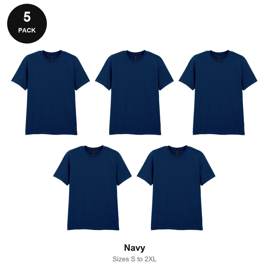 Gildan Softstyle T-Shirts 5 Pack - 100% ringspun cotton 150gsm, Sizes S-2XL - Navy