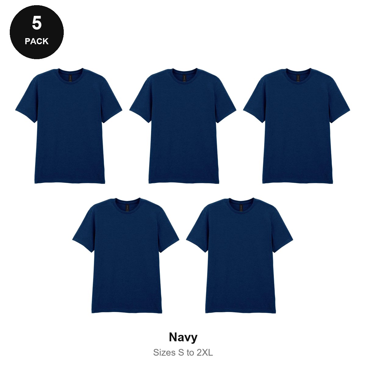 Gildan Softstyle T-Shirts 5 Pack - 100% ringspun cotton 150gsm, Sizes S-2XL - Navy