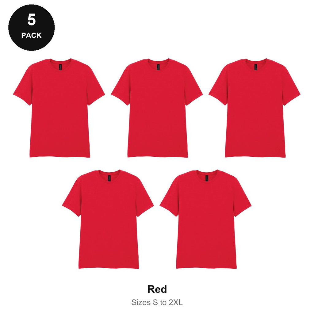 Gildan Softstyle T-Shirts 5 Pack - 100% ringspun cotton 150gsm, Sizes S-2XL - Red