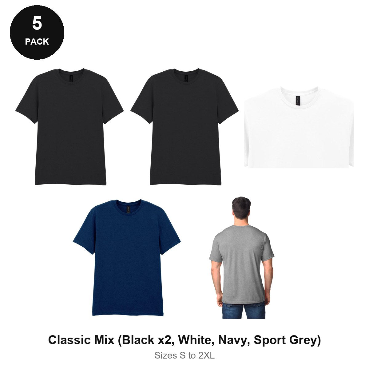 Gildan Softstyle T-Shirts 5 Pack - 100% ringspun cotton 150gsm, Sizes S-2XL - Classic Mix (Black x2, White, Navy, Sport Grey)