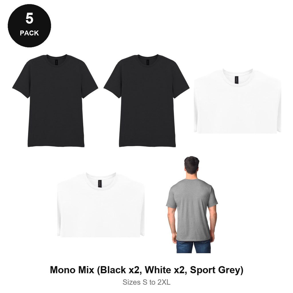 Gildan Softstyle T-Shirts 5 Pack - 100% ringspun cotton 150gsm, Sizes S-2XL - Mono Mix (Black x2, White x2, Sport Grey)