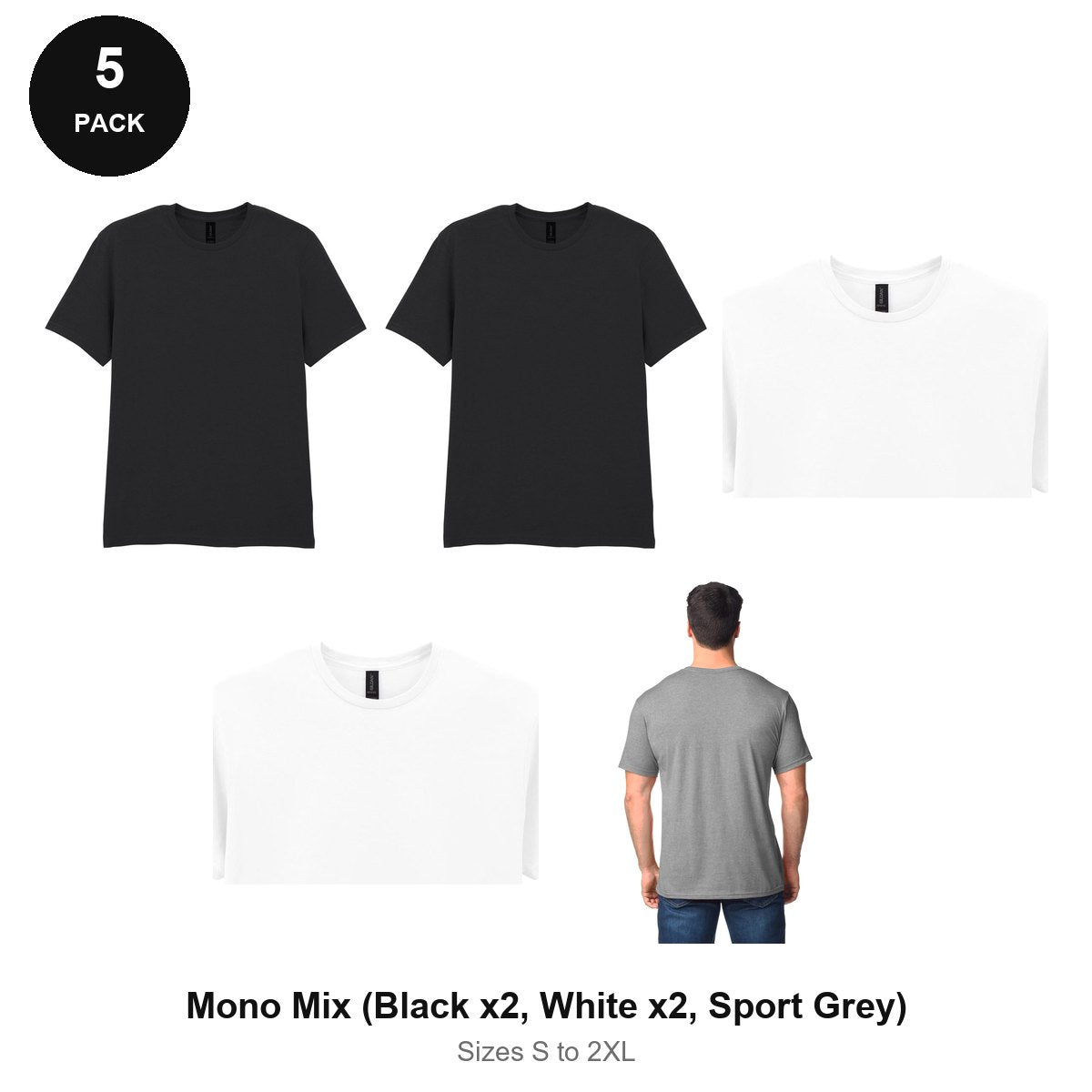 Gildan Softstyle T-Shirts 5 Pack - 100% ringspun cotton 150gsm, Sizes S-2XL - Mono Mix (Black x2, White x2, Sport Grey)