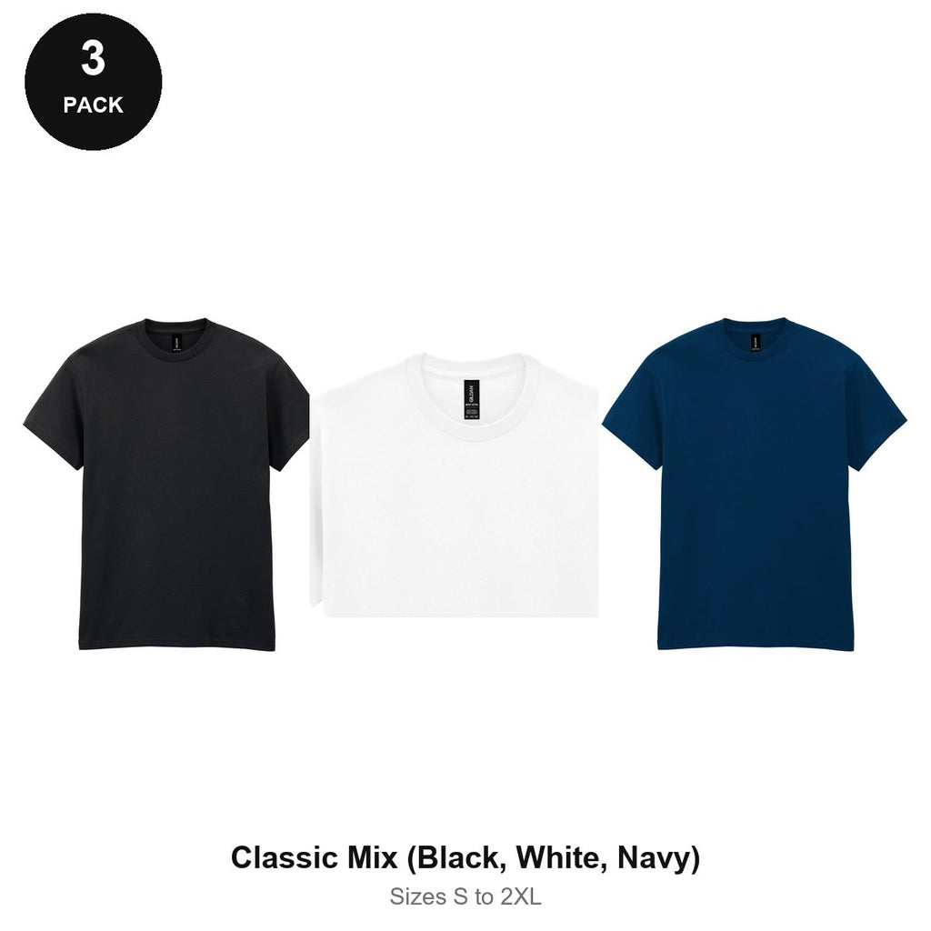 Gildan Heavy Cotton T-Shirts 3 Pack - 100% cotton 180gsm, Sizes S-2XL - Classic Mix (Black, White, Navy)
