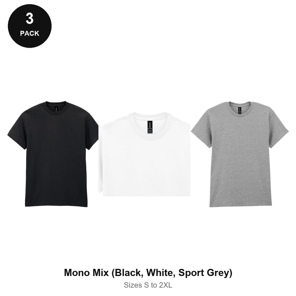 Gildan Heavy Cotton T-Shirts 3 Pack - 100% cotton 180gsm, Sizes S-2XL - Mono Mix (Black, White, Sport Grey)
