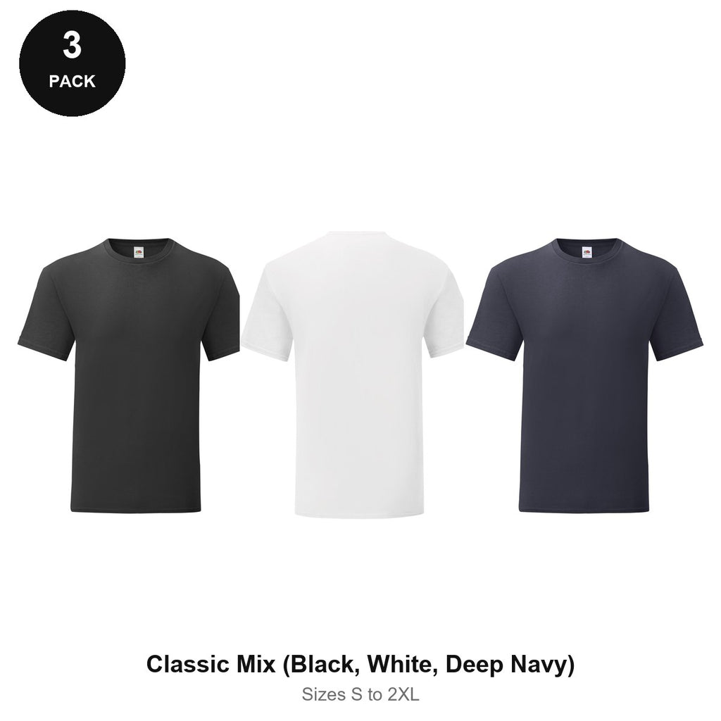 Fruit of the Loom Iconic 150 T-Shirts 3 Pack - 100% cotton 150gsm, Sizes S-2XL - Classic Mix (Black, White, Deep Navy)