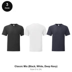 Fruit of the Loom Iconic 150 T-Shirts 3 Pack - 100% cotton 150gsm, Sizes S-2XL - Classic Mix (Black, White, Deep Navy)