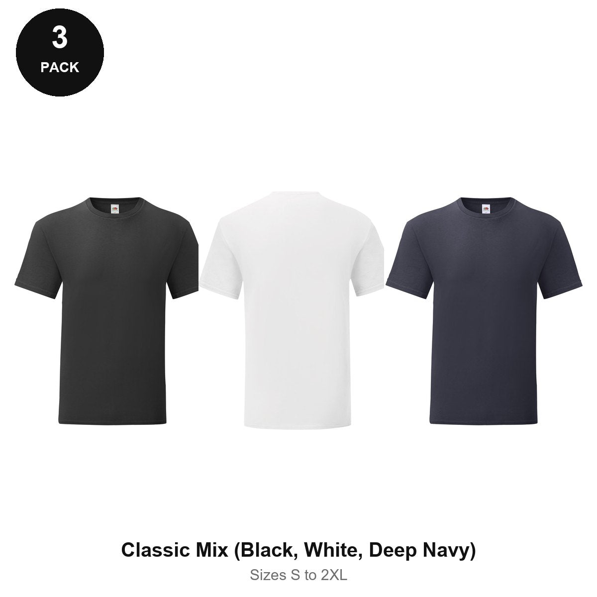 Fruit of the Loom Iconic 150 T-Shirts 3 Pack - 100% cotton 150gsm, Sizes S-2XL - Classic Mix (Black, White, Deep Navy)