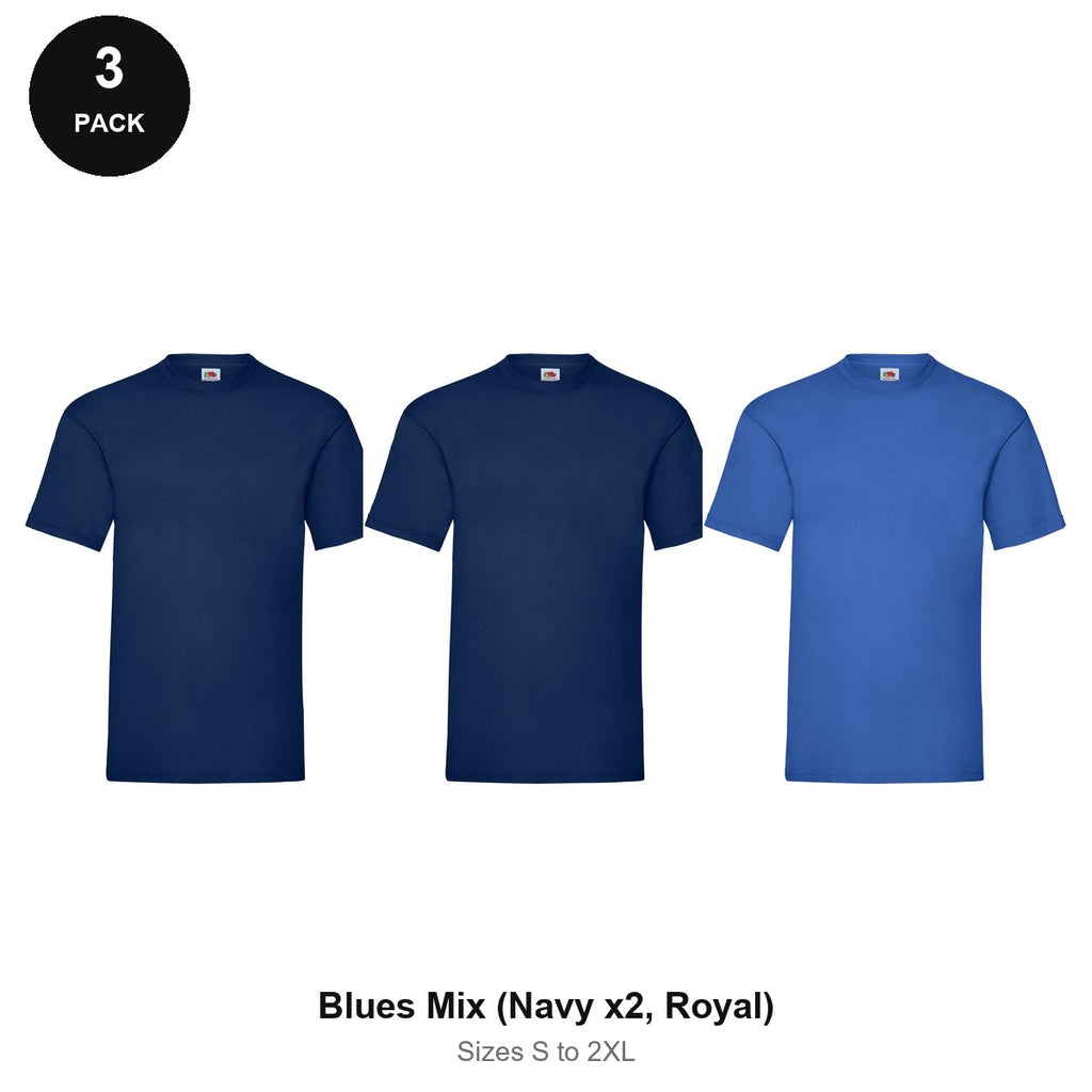 Fruit of the Loom Valueweight T-Shirts 3 Pack - 100% cotton 165gsm, Sizes S-2XL - Blues Mix (Navy x2, Royal)