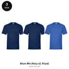 Fruit of the Loom Valueweight T-Shirts 3 Pack - 100% cotton 165gsm, Sizes S-2XL - Blues Mix (Navy x2, Royal)