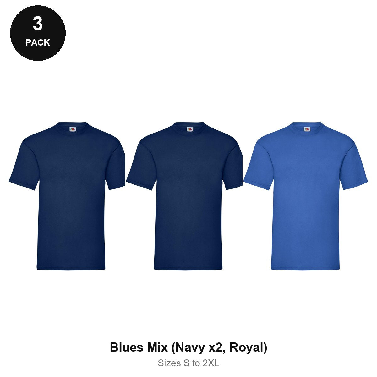 Fruit of the Loom Valueweight T-Shirts 3 Pack - 100% cotton 165gsm, Sizes S-2XL - Blues Mix (Navy x2, Royal)