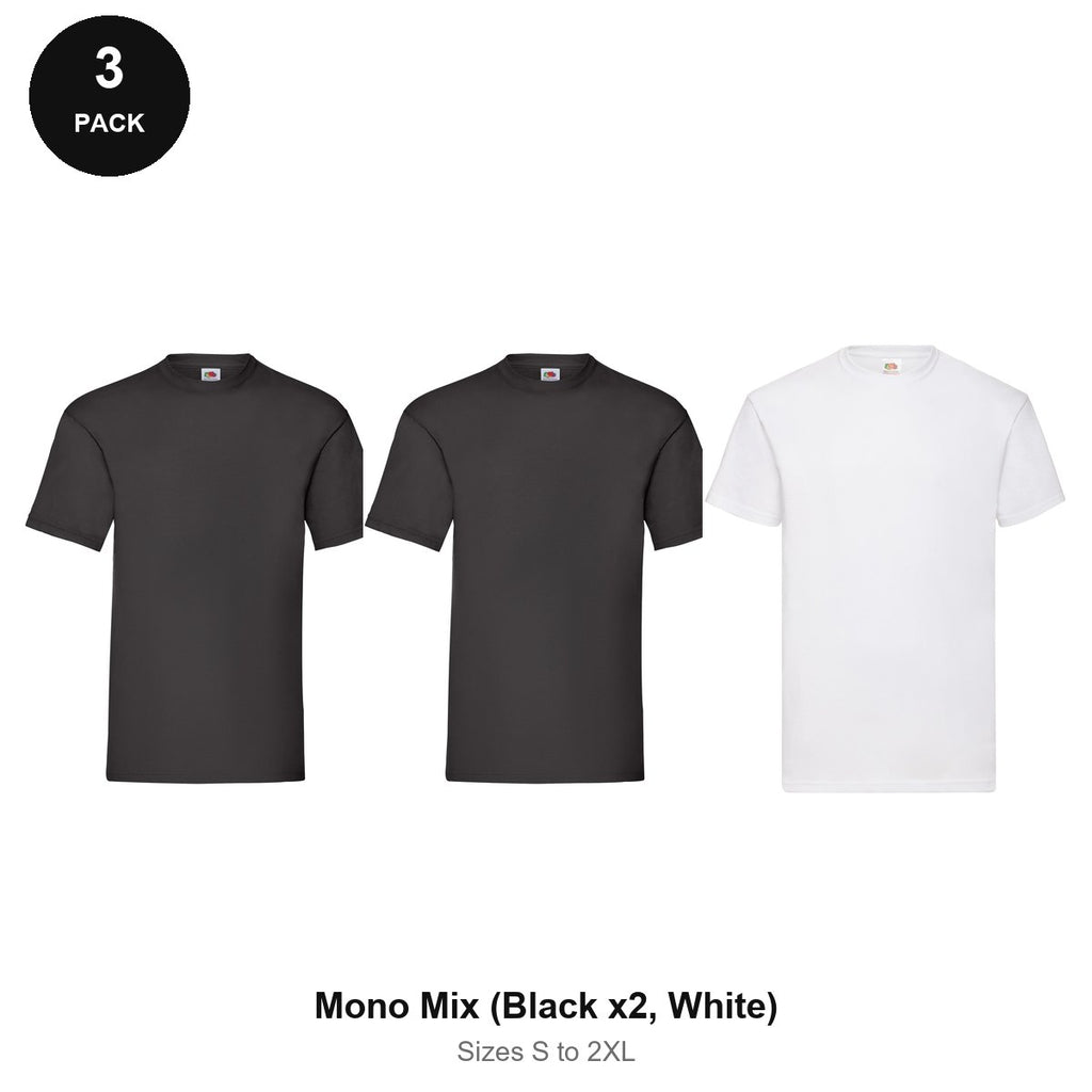 Fruit of the Loom Valueweight T-Shirts 3 Pack - 100% cotton 165gsm, Sizes S-2XL - Mono Mix (Black x2, White)