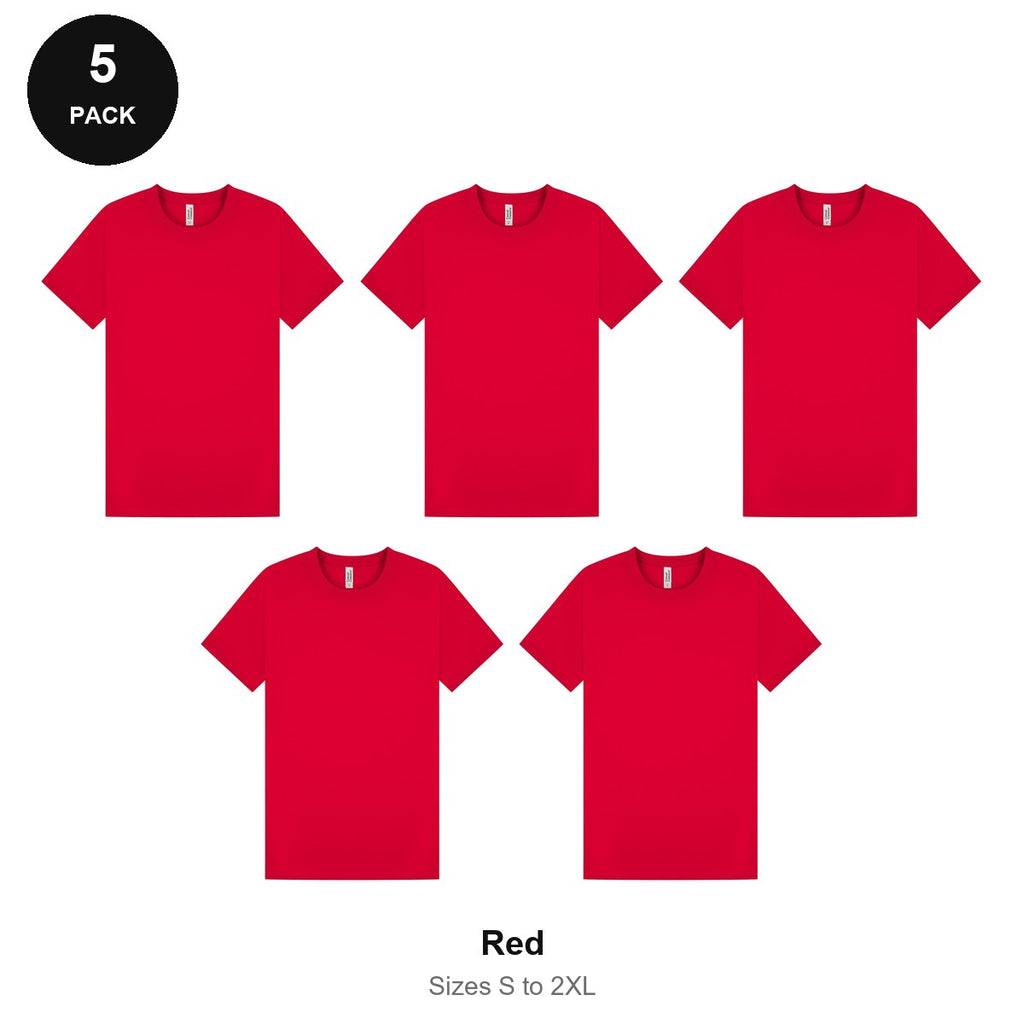 Mens Plain T-Shirts 5 Pack - 100% ringspun cotton 150gsm, Sizes S-2XL - Red