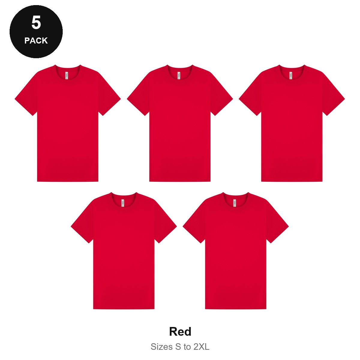 Mens Plain T-Shirts 5 Pack - 100% ringspun cotton 150gsm, Sizes S-2XL - Red