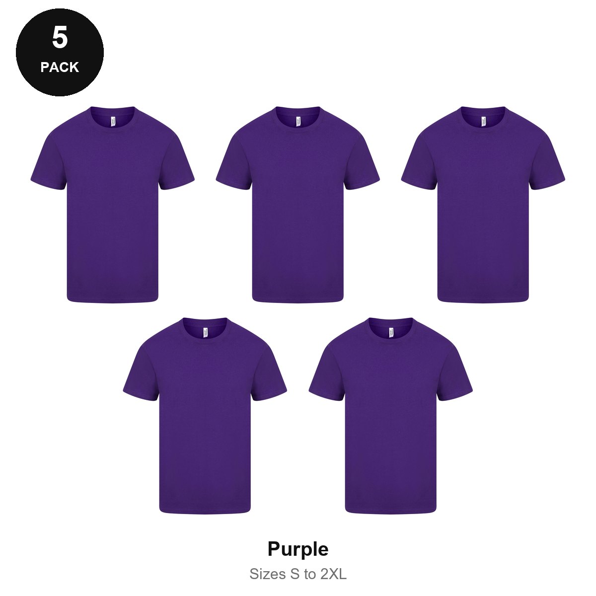 Mens Plain T-Shirts 5 Pack - 100% ringspun cotton 150gsm, Sizes S-2XL - Purple