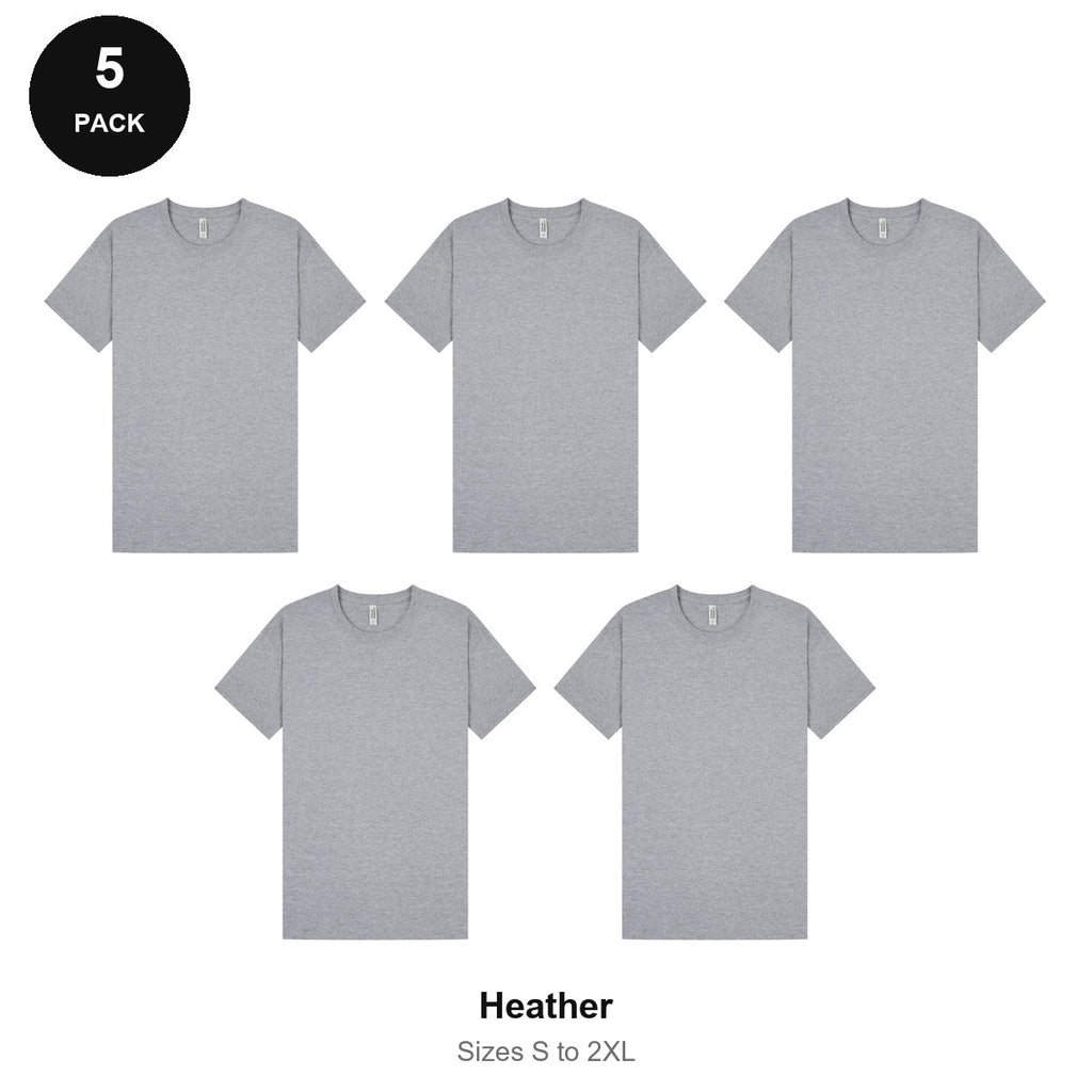 Mens Plain T-Shirts 5 Pack - 100% ringspun cotton 150gsm, Sizes S-2XL - Heather
