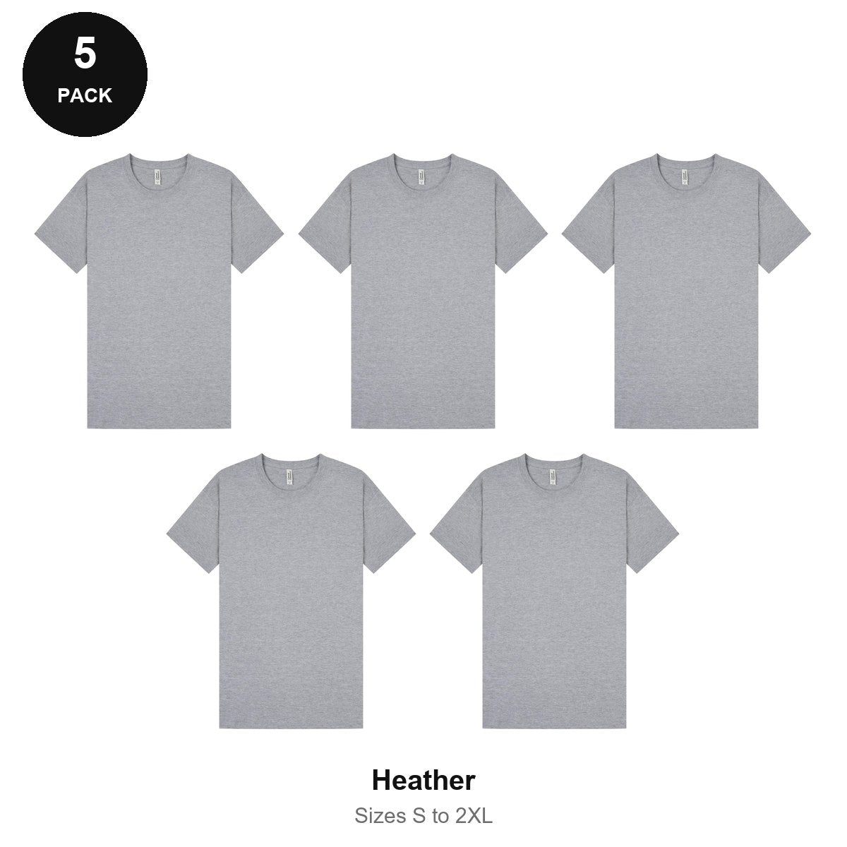 Mens Plain T-Shirts 5 Pack - 100% ringspun cotton 150gsm, Sizes S-2XL - Heather