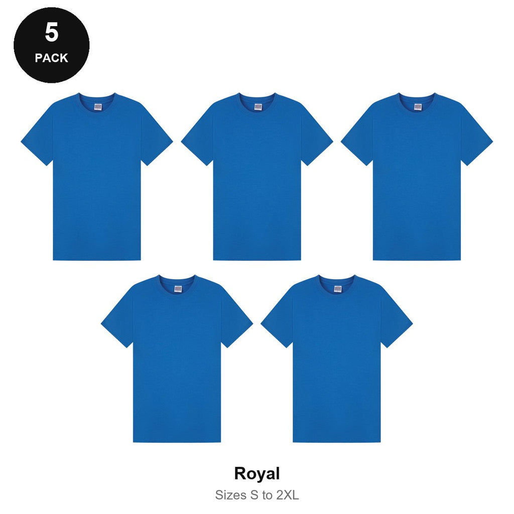 Mens Plain T-Shirts 5 Pack - 100% ringspun cotton 150gsm, Sizes S-2XL - Royal