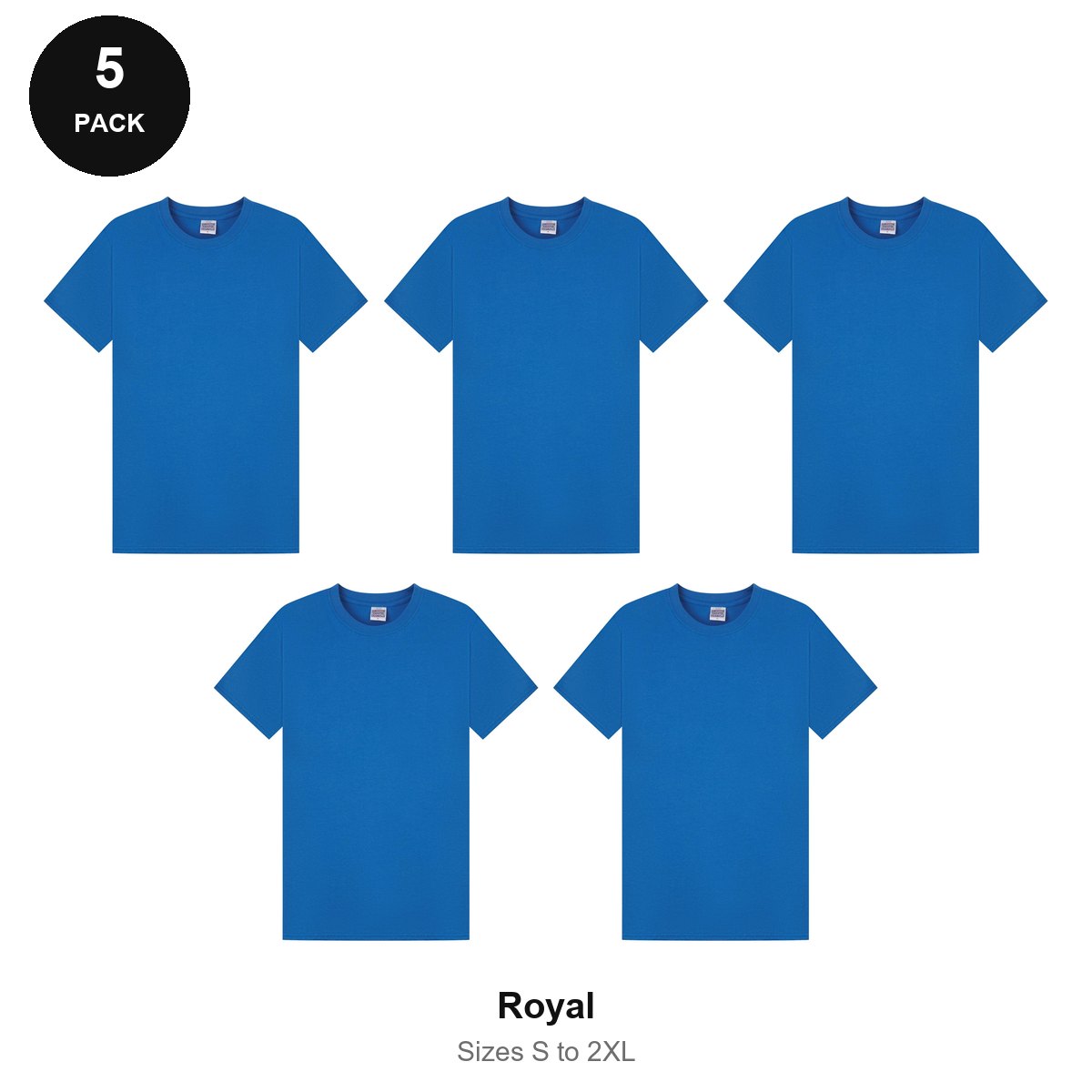Mens Plain T-Shirts 5 Pack - 100% ringspun cotton 150gsm, Sizes S-2XL - Royal