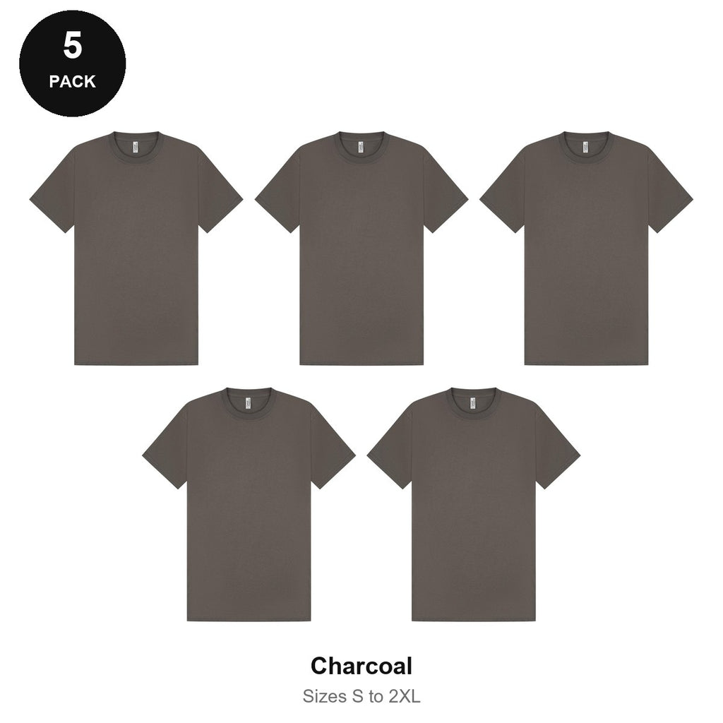 Mens Plain T-Shirts 5 Pack - 100% ringspun cotton 150gsm, Sizes S-2XL - Charcoal