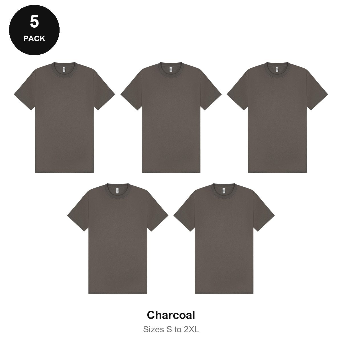 Mens Plain T-Shirts 5 Pack - 100% ringspun cotton 150gsm, Sizes S-2XL - Charcoal