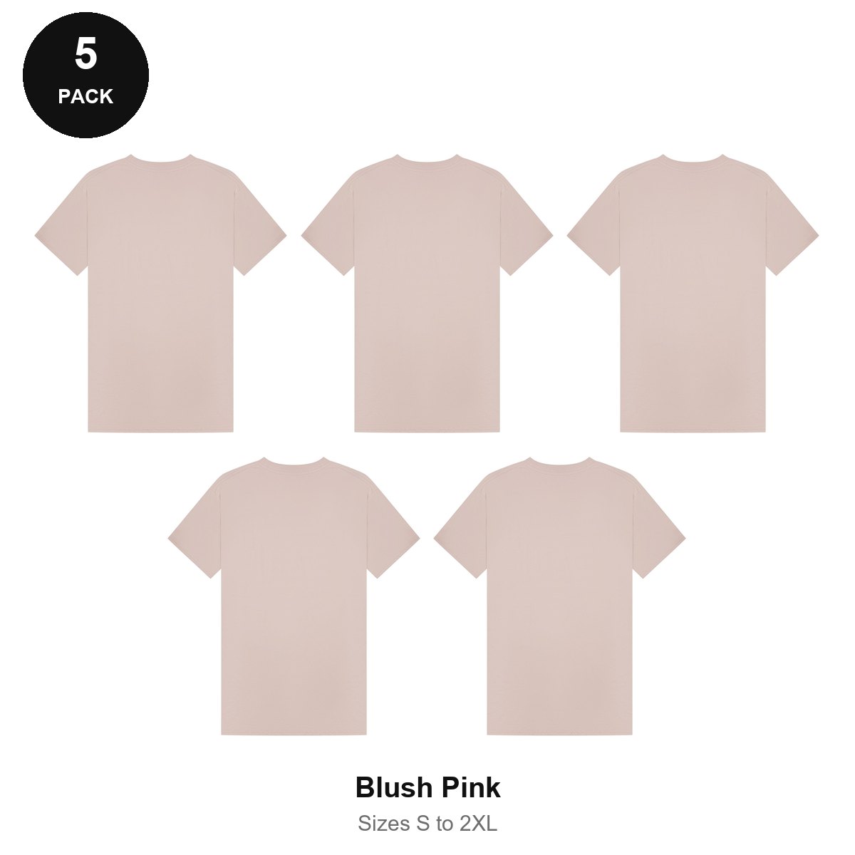 Mens Plain T-Shirts 5 Pack - 100% ringspun cotton 150gsm, Sizes S-2XL - Blush Pink