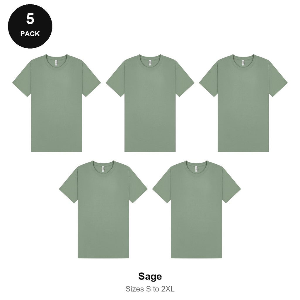 Mens Plain T-Shirts 5 Pack - 100% ringspun cotton 150gsm, Sizes S-2XL - Sage