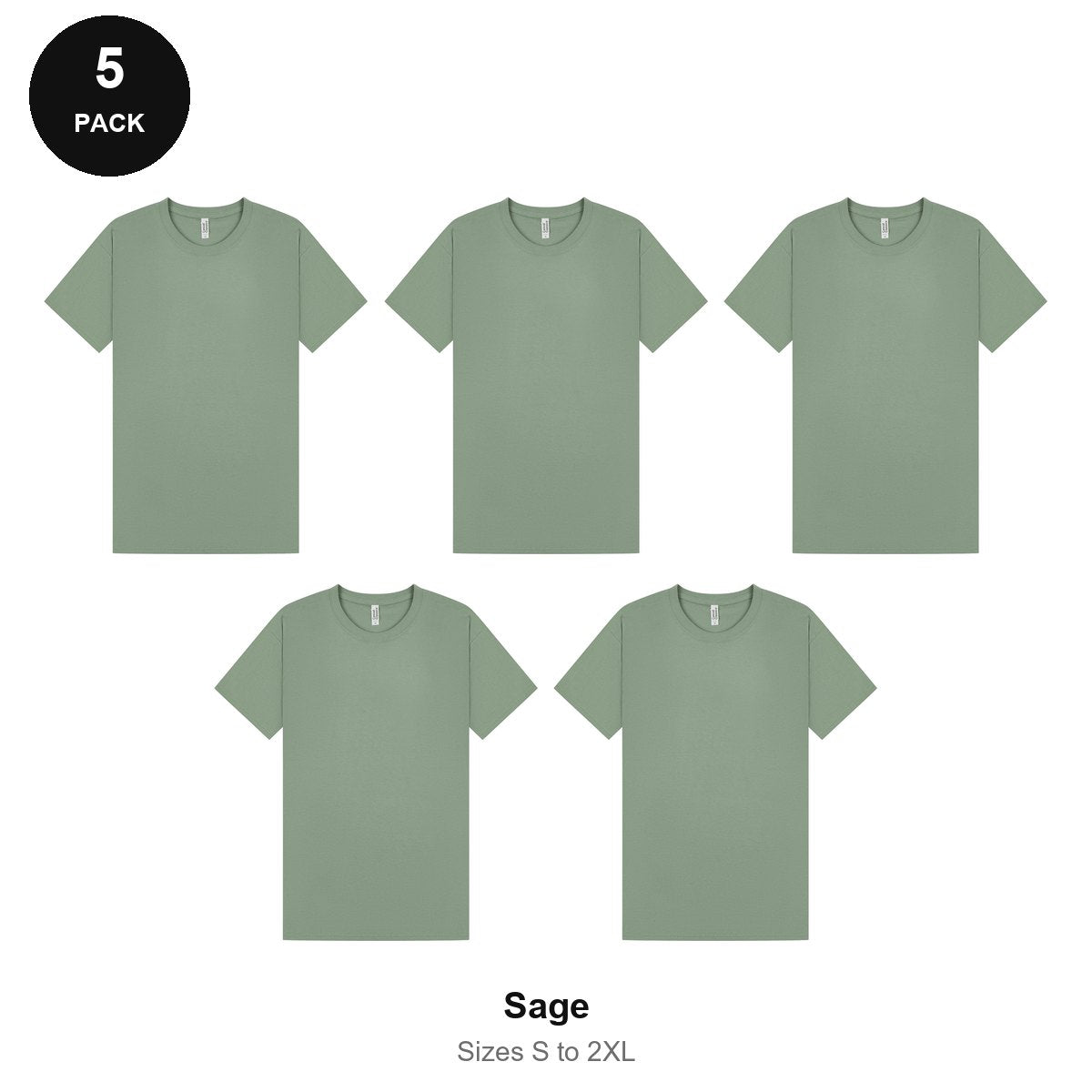 Mens Plain T-Shirts 5 Pack - 100% ringspun cotton 150gsm, Sizes S-2XL - Sage