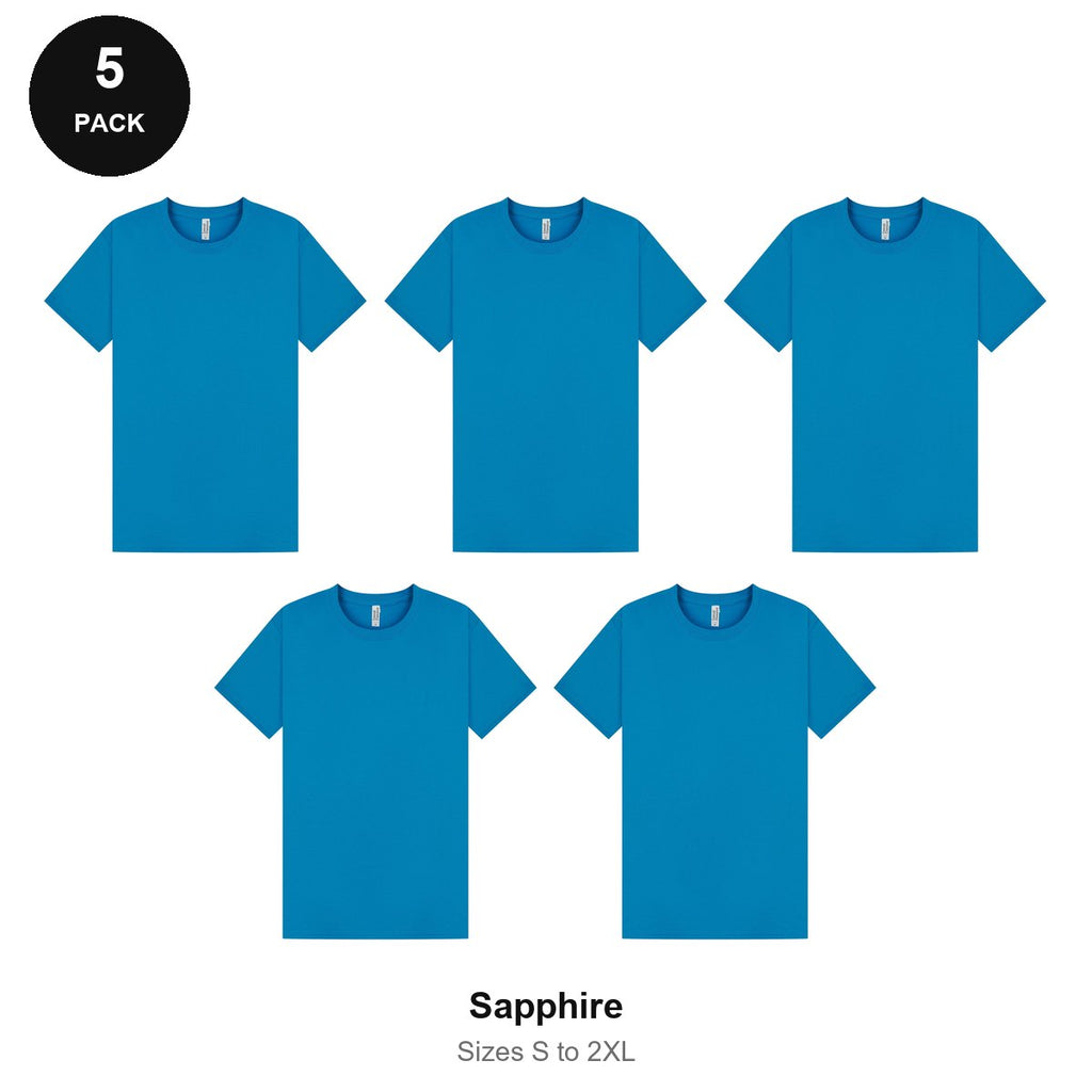 Mens Plain T-Shirts 5 Pack - 100% ringspun cotton 150gsm, Sizes S-2XL - Sapphire