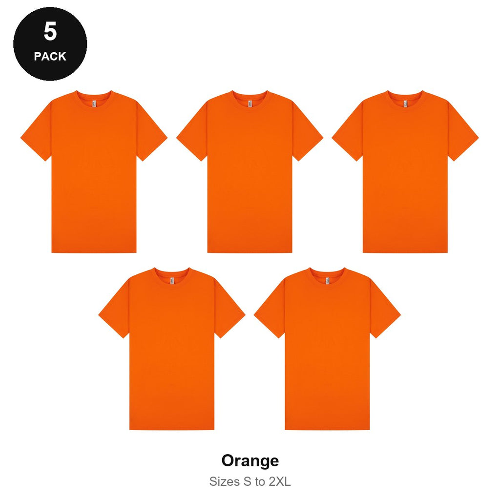 Mens Plain T-Shirts 5 Pack - 100% ringspun cotton 150gsm, Sizes S-2XL - Orange