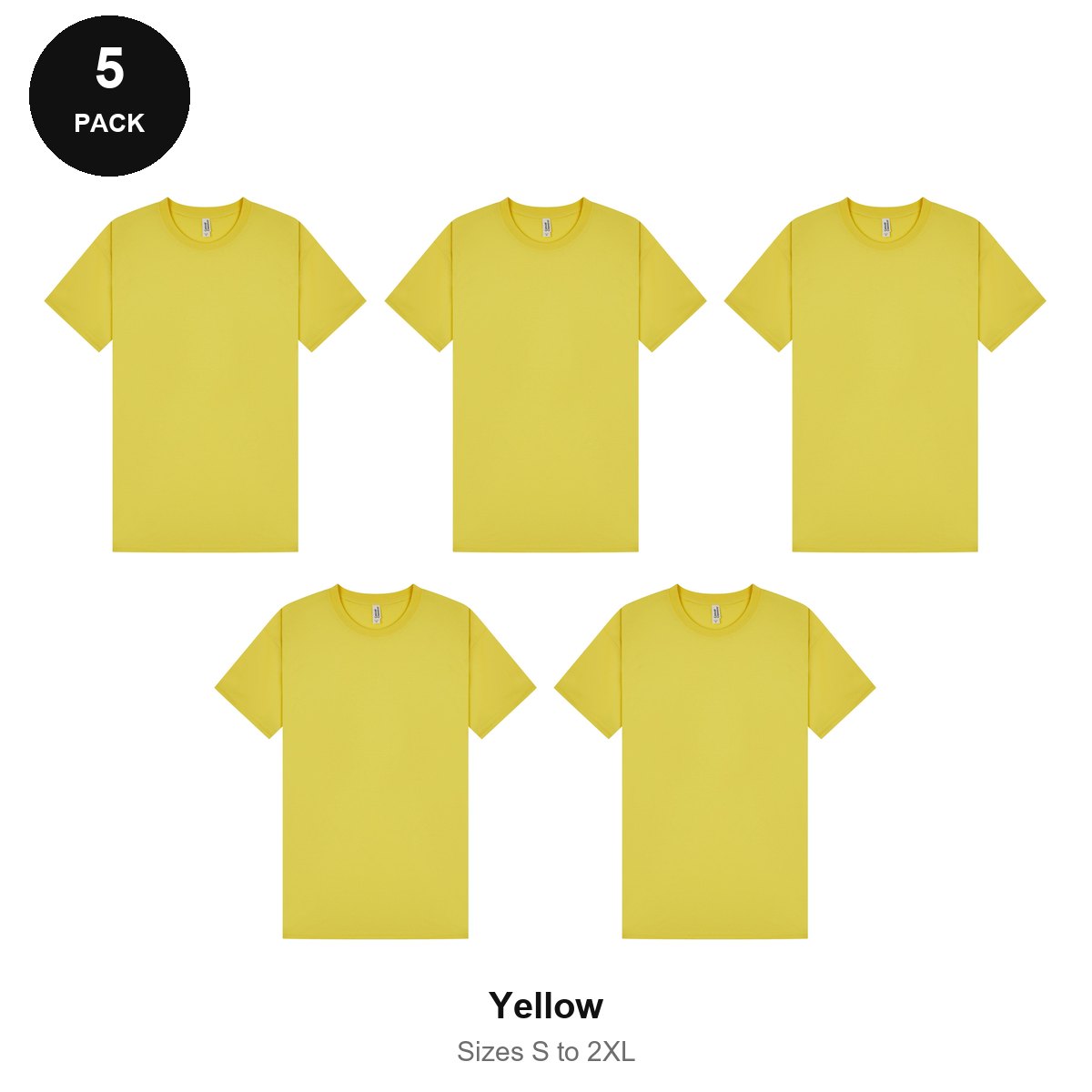 Mens Plain T-Shirts 5 Pack - 100% ringspun cotton 150gsm, Sizes S-2XL - Yellow