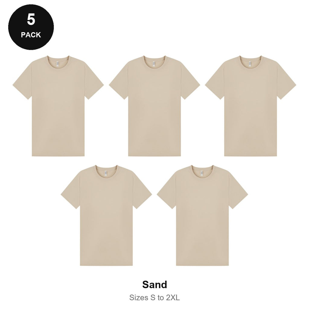 Mens Plain T-Shirts 5 Pack - 100% ringspun cotton 150gsm, Sizes S-2XL - Sand