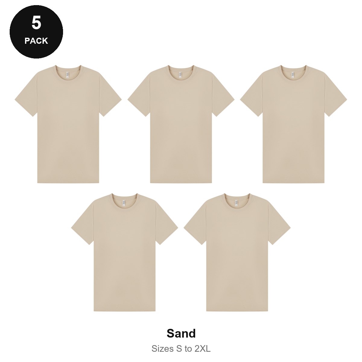 Mens Plain T-Shirts 5 Pack - 100% ringspun cotton 150gsm, Sizes S-2XL - Sand