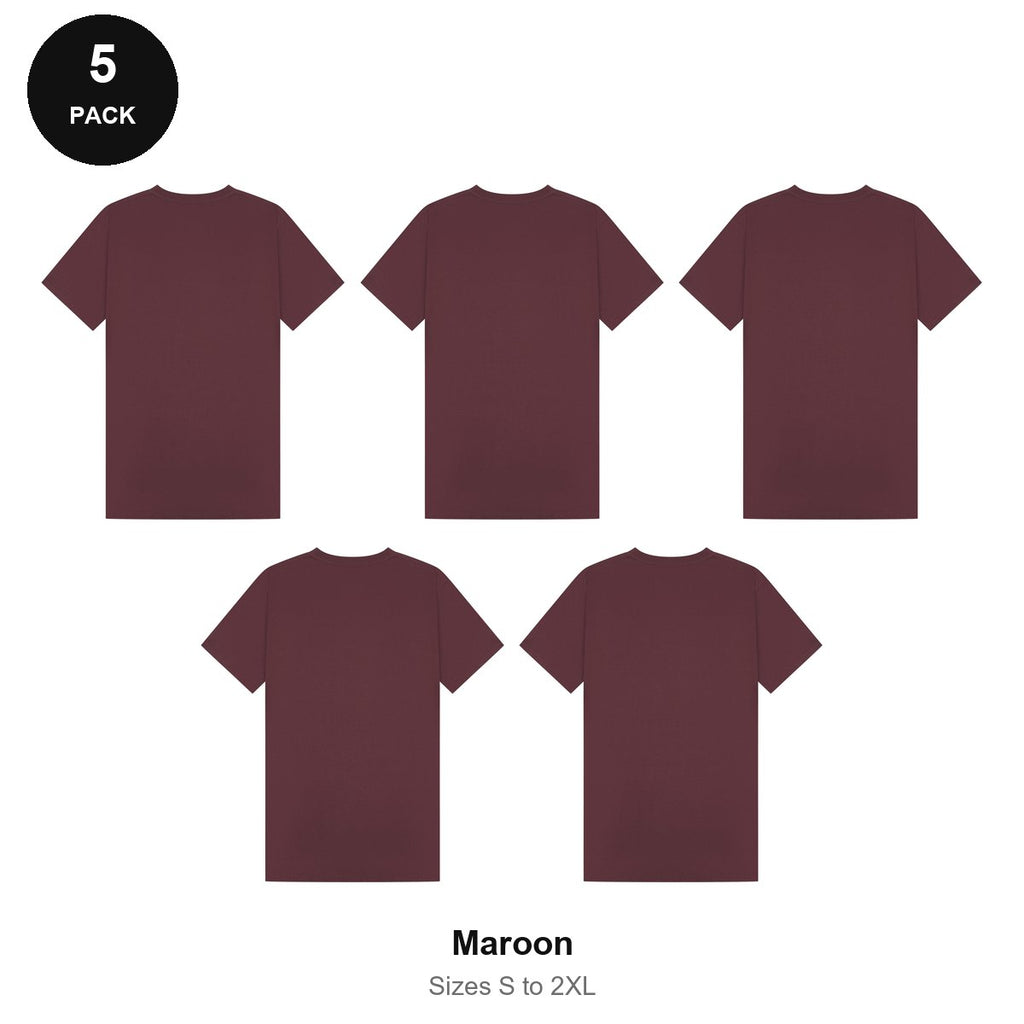 Mens Plain T-Shirts 5 Pack - 100% ringspun cotton 150gsm, Sizes S-2XL - Maroon