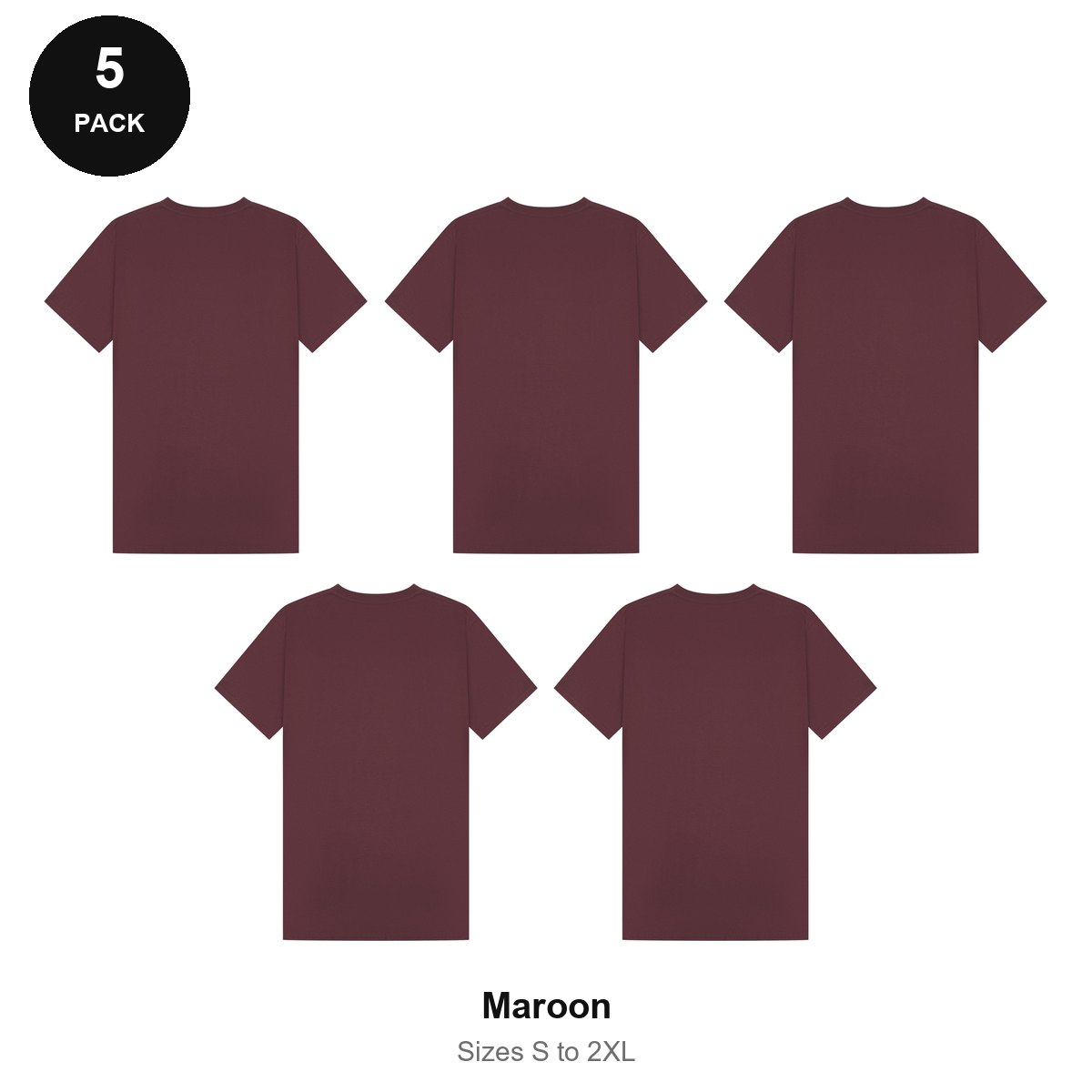 Mens Plain T-Shirts 5 Pack - 100% ringspun cotton 150gsm, Sizes S-2XL - Maroon