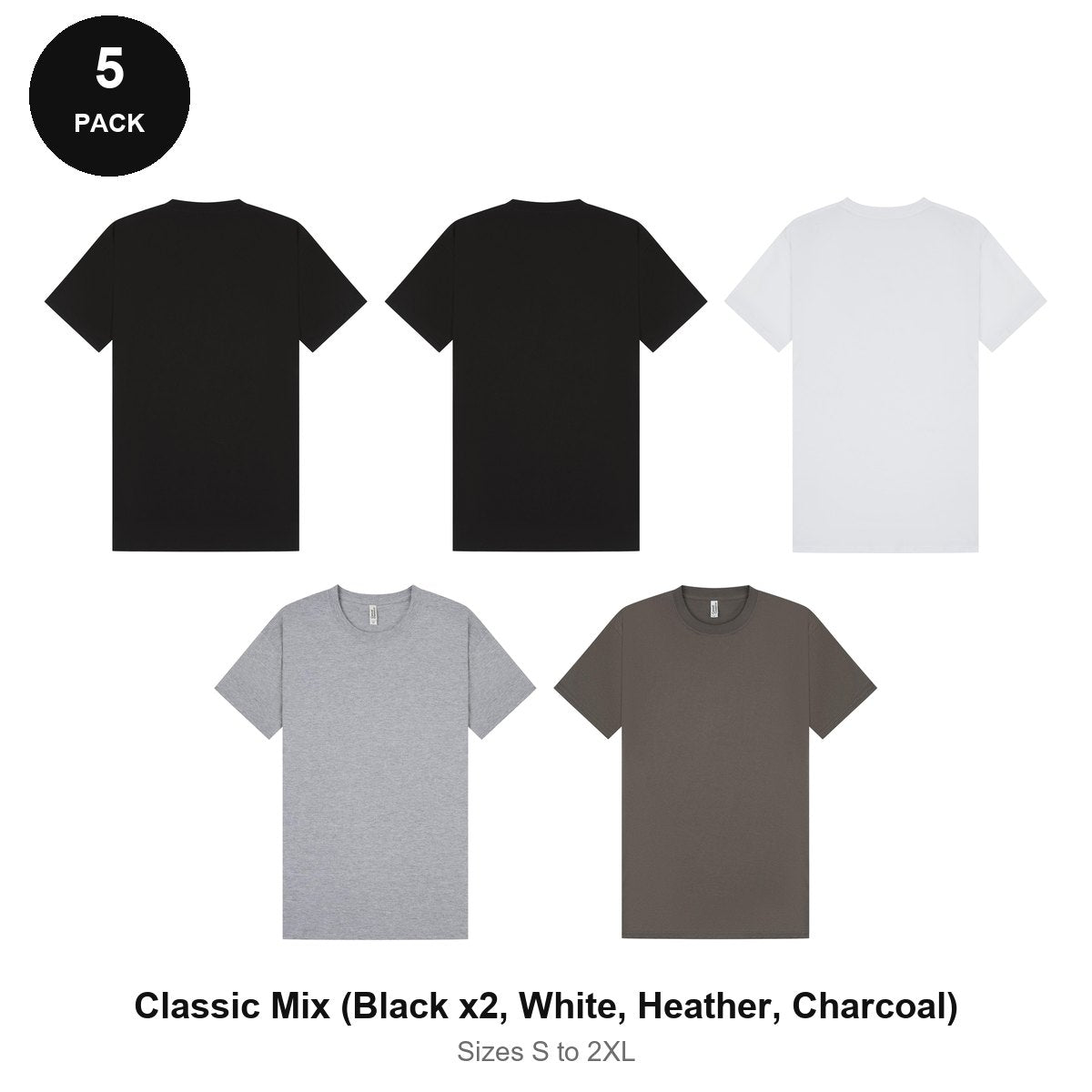 Mens Plain T-Shirts 5 Pack - 100% ringspun cotton 150gsm, Sizes S-2XL - Classic Mix (Black x2, White, Heather, Charcoal)