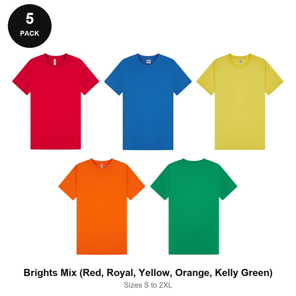 Mens Plain T-Shirts 5 Pack - 100% ringspun cotton 150gsm, Sizes S-2XL - Brights Mix (Red, Royal, Yellow, Orange, Kelly Green)