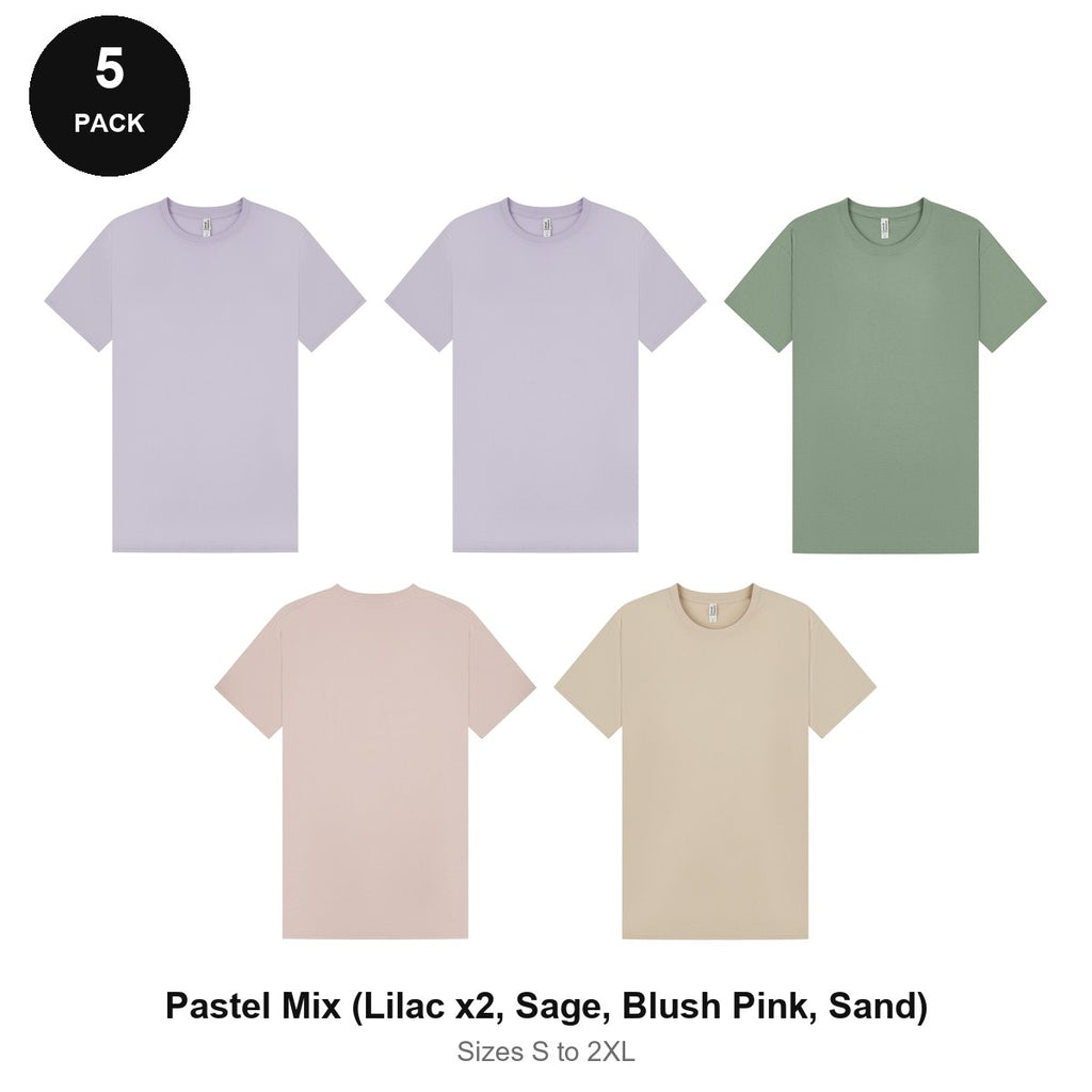 Mens Plain T-Shirts 5 Pack - 100% ringspun cotton 150gsm, Sizes S-2XL - Pastel Mix (Lilac x2, Sage, Blush Pink, Sand)