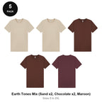 Mens Plain T-Shirts 5 Pack - 100% ringspun cotton 150gsm, Sizes S-2XL - Earth Tones Mix (Sand x2, Chocolate x2, Maroon)