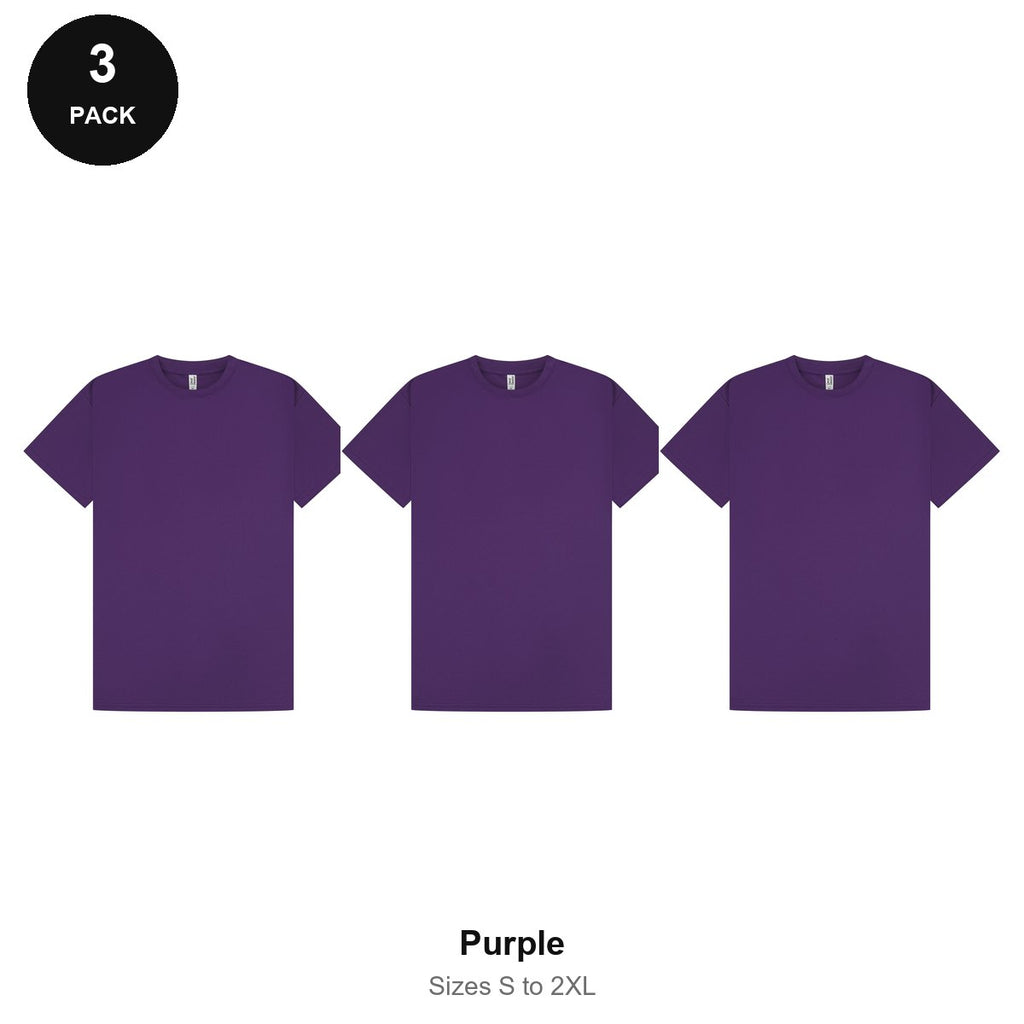 Mens Gym Sports Tech T-Shirts 3 Pack - 100% polyester 140gsm, Sizes S-2XL, Gym & Sports - Purple
