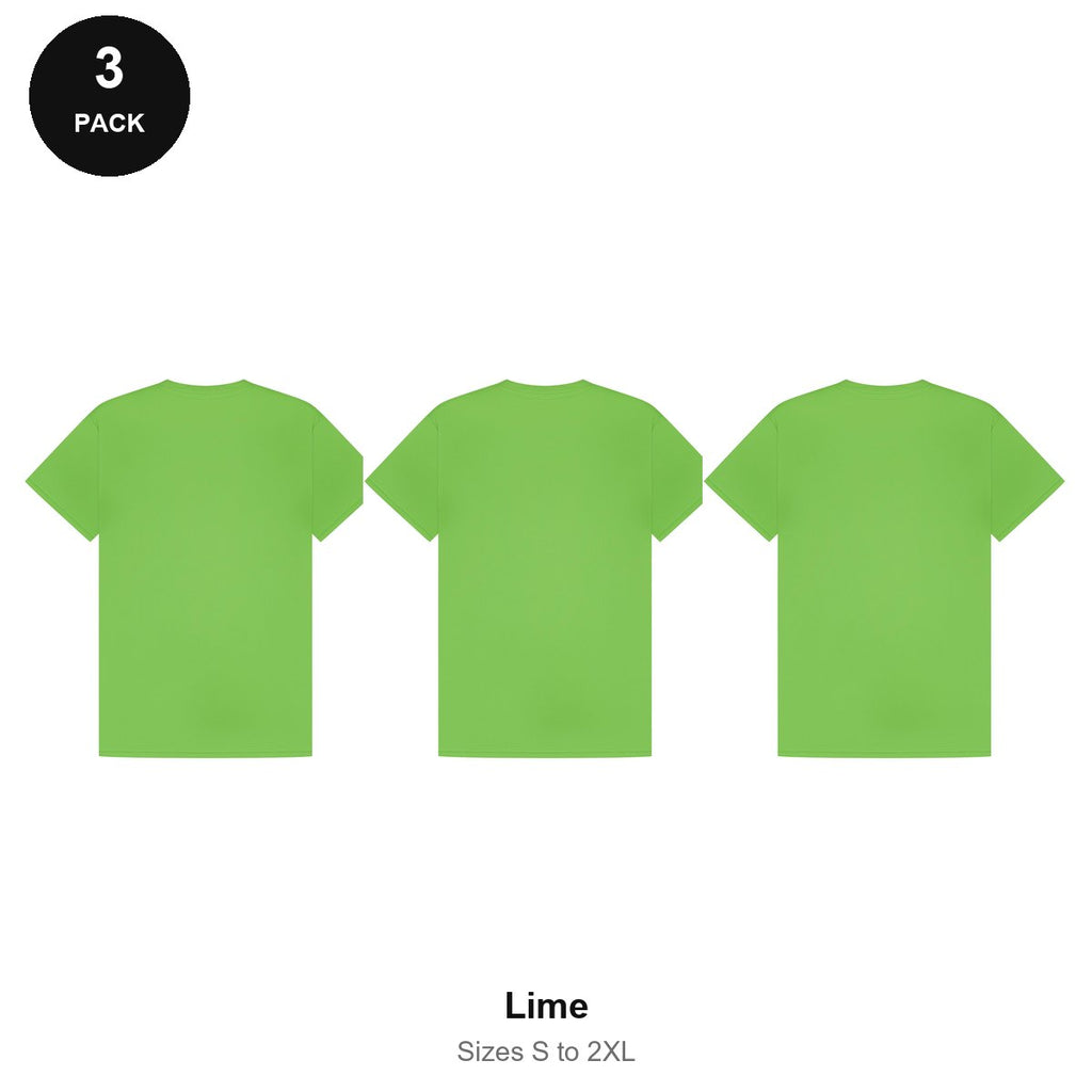Mens Gym Sports Tech T-Shirts 3 Pack - 100% polyester 140gsm, Sizes S-2XL, Gym & Sports - Lime