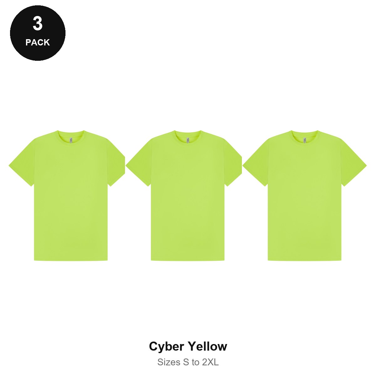 Mens Gym Sports Tech T-Shirts 3 Pack - 100% polyester 140gsm, Sizes S-2XL, Gym & Sports - Cyber Yellow