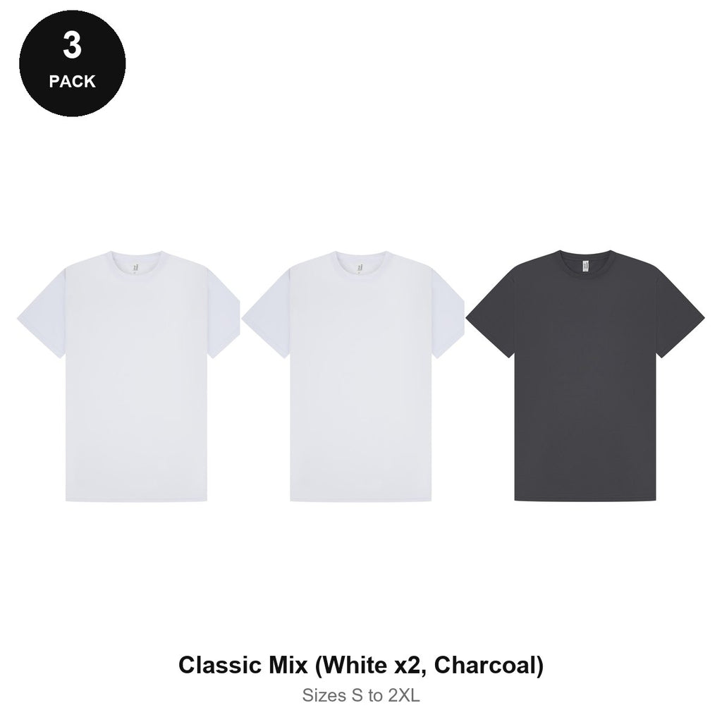 Mens Gym Sports Tech T-Shirts 3 Pack - 100% polyester 140gsm, Sizes S-2XL, Gym & Sports - Classic Mix (White x2, Charcoal)