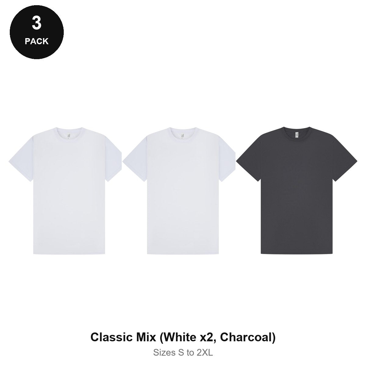 Mens Gym Sports Tech T-Shirts 3 Pack - 100% polyester 140gsm, Sizes S-2XL, Gym & Sports - Classic Mix (White x2, Charcoal)