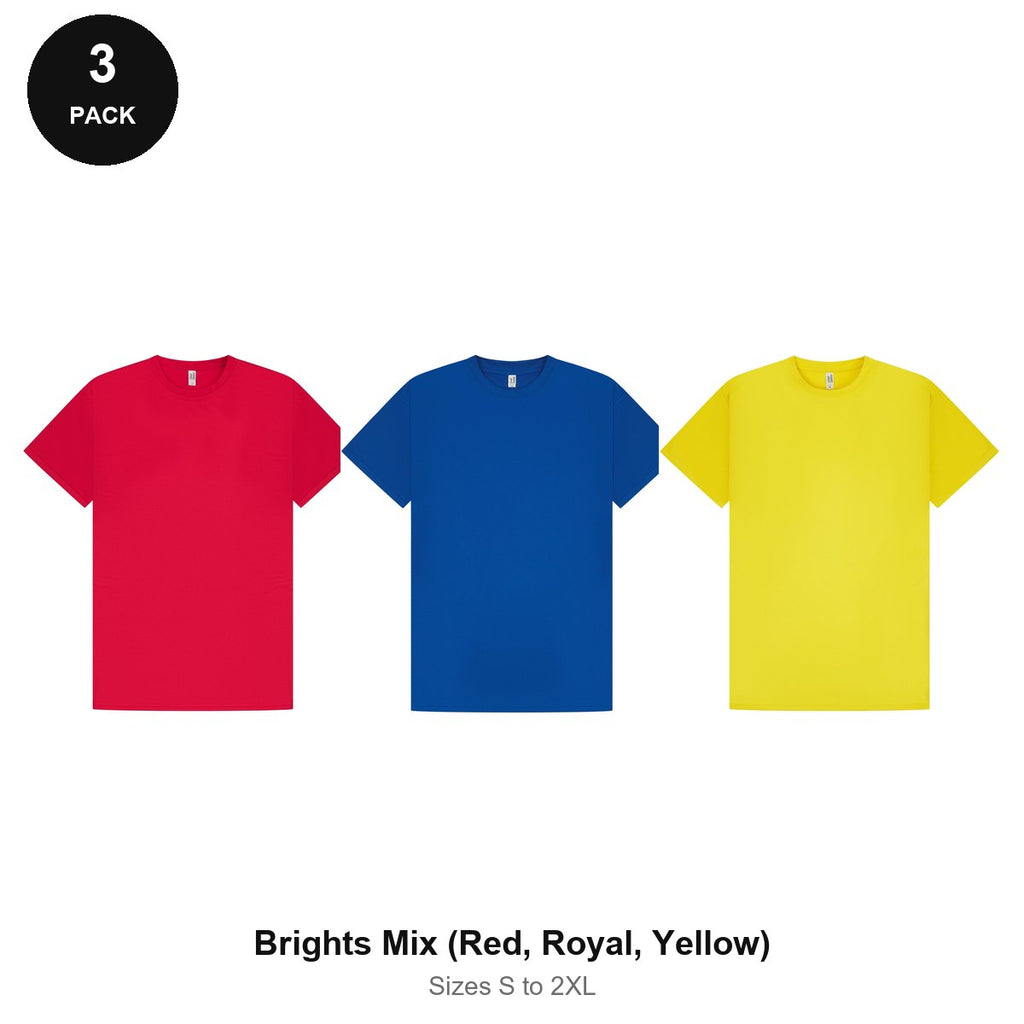 Mens Gym Sports Tech T-Shirts 3 Pack - 100% polyester 140gsm, Sizes S-2XL, Gym & Sports - Brights Mix (Red, Royal, Yellow)
